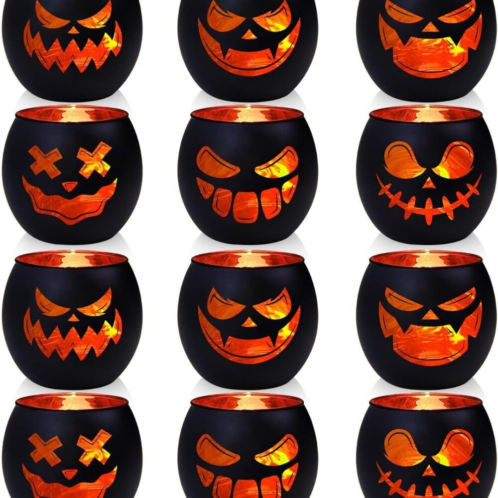 Black Halloween Table Centerpieces Candle Holders 12 PCS, Jack O Lantern Tealigh
